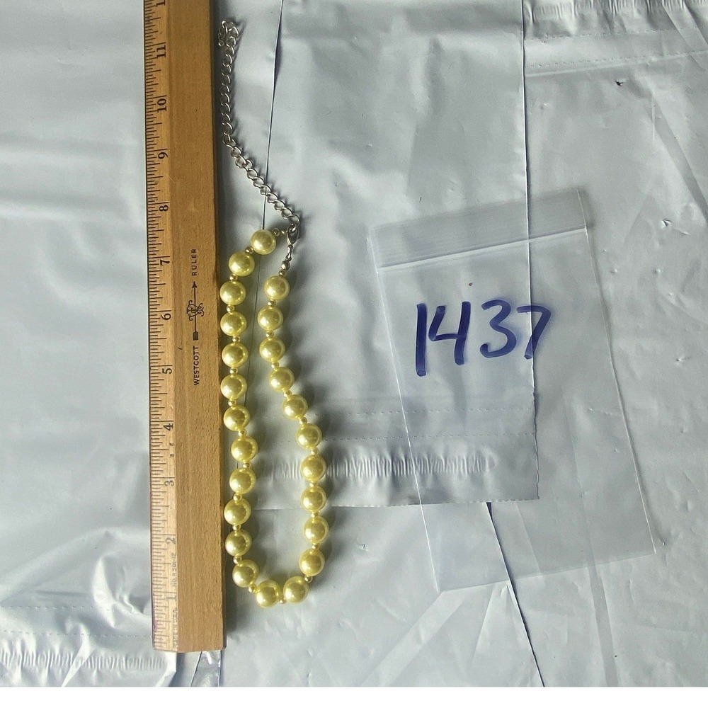 Yellow Faux Pearl Necklace Silver Tone Chain Choker